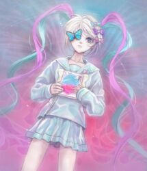 Rule 34 | 1girl, artist request, blue butterfly, blue hair, book, bow, bug, butterfly, chouzetsusaikawa tenshi-chan, expressionless, grey hair, hair bow, holding, holding book, insect, long hair, looking at viewer, multicolored hair, multiple hair bows, needy girl overdose, parted lips, pink hair, quad tails, sailor collar, second-party source, shirt, skirt, solo, very long hair