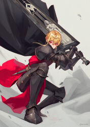 Rule 34 | 1girl, armor, artist name, black cape, blonde hair, braid, cape, commentary request, fighting stance, full body, gauntlets, greatsword, greaves, hair between eyes, highres, holding, holding sword, holding weapon, huge weapon, jiro (ninetysix), looking at viewer, original, red eyes, sabaton, serious, simple background, squatting, sword, twin braids, weapon, white background