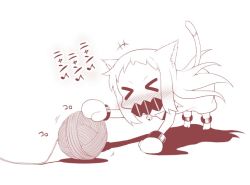 Rule 34 | &gt; &lt;, +++, 10s, 1girl, abyssal ship, all fours, animal ears, bell, blush, cat ears, cat tail, closed eyes, commentary request, dress, kantai collection, kemonomimi mode, long hair, mittens, monochrome, northern ocean princess, nose blush, simple background, sleeveless, sleeveless dress, solo, tail, translated, yamato nadeshiko, yarn, yarn ball