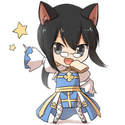 Rule 34 | 1girl, :d, animal ear fluff, animal ears, arch bishop (ragnarok online), black-framed eyewear, black eyes, black footwear, black hair, blue dress, bread slice, cat ears, cleavage cutout, clothing cutout, commentary request, cross, dress, fishnet thighhighs, fishnets, food, food in mouth, full body, glasses, juliet sleeves, long hair, long sleeves, looking at viewer, mouth hold, natsuya (kuttuki), open mouth, pince-nez, ponytail, puffy sleeves, ragnarok online, sash, shoes, simple background, smile, solo, standing, star (symbol), thighhighs, toast, toast in mouth, two-tone dress, white background, white dress, white thighhighs, yellow sash