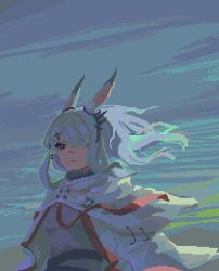 Rule 34 | 1girl, animal ears, arknights, black eyes, closed mouth, coat, commentary request, frostnova (arknights), grey coat, grey hair, hair ornament, hair over one eye, hairclip, long hair, outdoors, pixel art, rabbit ears, rabbit girl, scar, scar on face, scar on nose, serpant nergar, sky, solo, upper body, wind