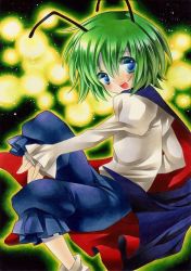 Rule 34 | 1girl, :d, antennae, bad id, bad pixiv id, blue eyes, cape, green hair, juliet sleeves, kingin shishou, long sleeves, looking at viewer, marker (medium), open mouth, puffy sleeves, short hair, smile, solo, touhou, traditional media, wriggle nightbug