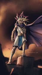 Rule 34 | 1boy, artist name, atem, blonde hair, bracer, clenched hand, cloak, closed mouth, commentary request, dark skin, dark-skinned male, earrings, from below, highres, jewelry, knees, leg armor, male focus, millennium puzzle, multicolored hair, necklace, outdoors, purple cloak, red eyes, sandals, solo, soya (sys ygo), standing, watermark, yu-gi-oh!, yu-gi-oh! duel monsters