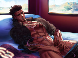 Rule 34 | 10s, 1boy, abs, bed, black hair, cum, cum on body, dreadful alibi, erection, facial hair, final fantasy, final fantasy xv, gladiolus amicitia, grin, lying, male focus, muscular, naughty face, pectorals, penis, penis grab, pillow, scar, smile, smirk, solo focus, testicle grab, testicles, window