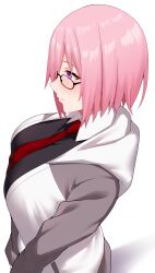Rule 34 | 1girl, absurdres, arind yudha, blush, breasts, fate/grand order, fate (series), from side, glasses, highres, huge breasts, looking ahead, mash kyrielight, medium hair, pink hair, simple background, solo, white background