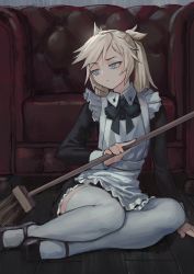 Rule 34 | 1girl, absurdres, apron, black dress, black footwear, closed mouth, dot mouth, dress, expressionless, frilled apron, frills, grey eyes, highres, long hair, long sleeves, maid, original, platinum blonde hair, shoes, solo, thighhighs, vertigris, white apron, white thighhighs