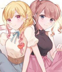 2girls black_shirt blonde_hair blush braid breasts brown_hair gradient_hair highres long_hair looking_at_viewer mochizuki_honami multicolored_hair multiple_girls neck_ribbon pants pink_eyes pink_hair pink_skirt project_sekai purple_eyes red_eyes ribbon shirt short_sleeves sitting skirt sleeveless sleeveless_shirt smile tenma_saki twintails xokikox