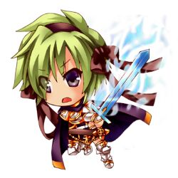 Rule 34 | 1boy, armor, armored boots, aura, boots, breastplate, brown hairband, cape, chibi, commentary request, eyes visible through hair, full body, gauntlets, green hair, hairband, holding, holding sword, holding weapon, looking afar, lowres, male focus, momozakura nanao, open mouth, pauldrons, purple cape, purple eyes, ragnarok online, rune knight (ragnarok online), short hair, shoulder armor, simple background, solo, sword, transparent background, weapon