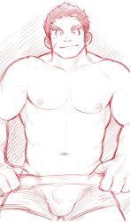 Rule 34 | 1boy, ^ ^, abs, bara, boxer briefs, bulge, closed eyes, cow horns, closed eyes, facial hair, facial scar, facing viewer, goatee, tamamura gunzo, highres, horns, large pectorals, looking at viewer, male focus, male underwear, muscular, muscular male, navel, nipples, pectorals, red theme, scar, scar on cheek, scar on face, shibao, short hair, sideburns, smile, solo, spiked hair, stomach, stubble, thick eyebrows, thighs, tokyo houkago summoners, underwear, underwear only, undressing