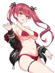 Rule 34 | 1girl, bikini, black jacket, black ribbon, blush, breasts, cleavage, collarbone, covered erect nipples, earrings, gold earrings, hair between eyes, hair ribbon, heart, heart earrings, heterochromia, highres, hololive, houshou marine, houshou marine (summer), ishida aya, jacket, jewelry, large breasts, long hair, long sleeves, looking at viewer, navel, o-ring, o-ring thigh strap, off shoulder, official alternate costume, open clothes, open jacket, open mouth, red bikini, red hair, ribbon, smile, solo, stomach, swimsuit, thigh strap, thighs, twintails, underboob, virtual youtuber, white background