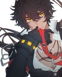 Rule 34 | 1boy, black hair, blackcatwithu, elsword, hair between eyes, highres, jewelry, long hair, male focus, necklace, open clothes, open shirt, raven cronwell, scar, scar on chest, scar on face, shirt, sidelocks, solo, weapon taker (elsword), yellow eyes