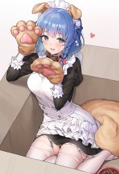 Rule 34 | 1girl, :d, ameyame, animal ears, animal hands, apron, blue eyes, blue hair, blush, bow, bowl, braid, breasts, collar, commentary request, dog ears, dog paws, dog tail, garter straps, hair bow, heart, highres, maid, maid apron, maid headdress, medium breasts, open mouth, pet bowl, side braid, sitting, smile, solo, tail, thighhighs, white thighhighs, yokozuwari