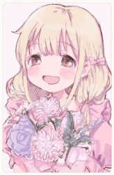 1girl blonde_hair blush bouquet brown_eyes comeco commentary_request dress flower futaba_anzu holding holding_bouquet idolmaster idolmaster_cinderella_girls long_hair looking_at_viewer low_twintails open_mouth pink_dress smile solo twintails upper_body