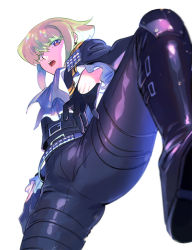 Rule 34 | 1boy, ascot, bae (baebae), black gloves, black jacket, bulge, from below, gloves, green hair, half gloves, highres, jacket, leather, leather pants, lio fotia, male focus, pants, promare, purple eyes, shiny clothes, solo, spread legs