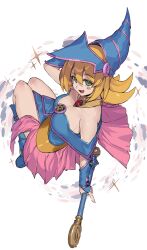 Rule 34 | 1girl, absurdres, bare shoulders, blonde hair, blue dress, blue headwear, blush stickers, breasts, brooch, cleavage, commentary request, dark magician girl, detached sleeves, dress, floating, from above, green eyes, hand on headwear, hand up, highres, holding, holding staff, jewelry, large breasts, legs together, long hair, looking at viewer, open mouth, ranf, sleeveless, sleeveless dress, solo, staff, strapless, strapless dress, teeth, upper teeth only, white background, yu-gi-oh!