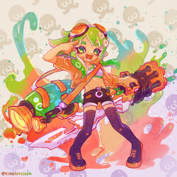 Rule 34 | 1girl, black footwear, black shorts, boots, goggles, goggles on head, green eyes, green hair, gumi, gun, heavy splatling (splatoon), holding, holding gun, holding weapon, kianamosser, long hair, navel, nintendo, octoling, octoling girl, octoling player character, open mouth, patterned background, short shorts, shorts, sidelocks, solo, splatoon (series), thigh boots, vocaloid, weapon