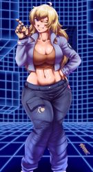 Rule 34 | 1girl, ;d, absurdres, ahoge, blonde hair, breasts, capcom vs snk 2, cargo pants, cleavage, collarbone, commentary, commission, cropped jacket, crossover, curvy, english commentary, feet out of frame, grid, grin, groin, hand on own hip, highres, large breasts, long hair, midriff, navel, one eye closed, open mouth, pants, pltnm ghost, prosthesis, prosthetic arm, purple eyes, rwby, smile, solo, sports bra, standing, toned, training room, yang xiao long