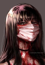 Rule 34 | 1girl, black choker, blood, blood drip, blood on face, blood on mask, bra strap, choker, english text, grey background, grey eyes, highres, hoshi san 3, long hair, looking at viewer, original, portrait, simple background, solo