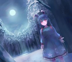 Rule 34 | 1girl, animal ears, arms at sides, ba9ked, blue dress, blue hair, blush, bright pupils, closed mouth, commentary, dress, feet out of frame, forest, frilled sleeves, frills, full moon, highres, long hair, long sleeves, looking at viewer, moon, mountain, nature, night, outdoors, rabbit ears, red eyes, seiran (touhou), smile, standing, touhou, white pupils
