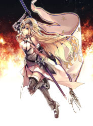 Rule 34 | 1girl, applekun, armor, armored boots, armored dress, banner, black thighhighs, blonde hair, blue eyes, boots, breasts, breasts apart, chain, closed mouth, dress, fate/apocrypha, fate (series), floating hair, full body, fur-trimmed legwear, fur trim, gauntlets, headpiece, highres, holding, jeanne d&#039;arc (fate), jeanne d&#039;arc (ruler) (fate), jeanne d&#039;arc (third ascension) (fate), leg up, long hair, medium breasts, side slit, smile, solo, thighhighs, very long hair, white dress