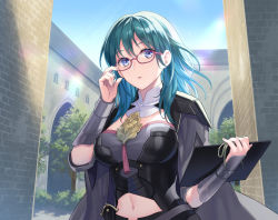 Rule 34 | 1girl, arm guards, armor, bespectacled, blue eyes, blue hair, breasts, building, byleth (female) (fire emblem), byleth (fire emblem), cape, clothing cutout, commentary request, corset, day, fire emblem, fire emblem: three houses, glasses, grey cape, hair between eyes, hand up, holding, large breasts, long hair, navel, navel cutout, nintendo, outdoors, parted lips, pink-framed eyewear, shoulder armor, solo, sunlight, tassel, underbust, upper body, yamigo