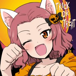 Rule 34 | 10s, 1girl, animal ears, blush, brown eyes, cat ears, dress, english text, fang, girls und panzer, hair ornament, halloween, halloween costume, jack-o&#039;-lantern, looking at viewer, moon, nekota susumu, one eye closed, open mouth, orange dress, parted bangs, paw pose, portrait, red hair, rosehip (girls und panzer), short hair, smile, solo, trick or treat