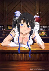Rule 34 | 10s, 1girl, absurdres, black hair, blue eyes, breast rest, breasts, cleaned, cleavage, cup, dress, drink, drinking glass, drunk, dungeon ni deai wo motomeru no wa machigatteiru darou ka, female focus, gloves, hair ribbon, hestia (danmachi), highres, hiyamizu yukie, large breasts, long hair, looking at viewer, megami magazine, non-web source, official art, rei no himo, ribbon, solo, twintails, untied, white dress, white gloves, wine glass