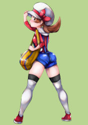 Rule 34 | 1girl, absurdres, adjusting clothes, adjusting headwear, ass, blue overalls, bow, breasts, brown eyes, brown hair, cabbie hat, clenched hands, creatures (company), female focus, fingernails, from behind, full body, game freak, gen 4 pokemon, green background, harii (janib5kc), hat, hat bow, hat ribbon, highres, huge filesize, legs, long hair, looking at viewer, lyra (pokemon), matching hair/eyes, neck, nintendo, open mouth, overall shorts, overalls, parted bangs, pokemon, pokemon hgss, profile, red footwear, red shirt, ribbon, shiny clothes, shiny skin, shirt, shoes, short sleeves, sidelocks, simple background, small breasts, sneakers, spread legs, standing, thighhighs, thighs, twintails, white headwear, white thighhighs