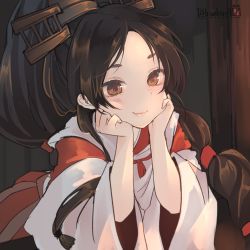 Rule 34 | 1girl, black hair, brown eyes, dated, fang, head rest, headgear, high ponytail, highres, japanese clothes, kantai collection, lips, long hair, miko, multi-tied hair, nisshin (kancolle), one-hour drawing challenge, ponytail, ruohire9, short eyebrows, skin fang, smile, solo, twitter username, wide sleeves