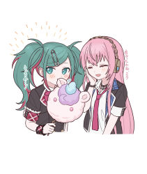 Rule 34 | 2girls, blazer, blue eyes, blue hair, blush, bracelet, buttons, chain necklace, chewing, closed mouth, collared shirt, cotton candy, double-breasted, eating, food, hair ornament, hairclip, hand on own cheek, hand on own face, hatsune miku, headphones, highres, holding, holding food, jacket, jewelry, kamikou festival! (project sekai), leo/need (project sekai), leo/need luka, leo/need miku, lock, long hair, megurine luka, multicolored hair, multiple girls, necklace, necktie, open mouth, parted bangs, pink hair, plaid, project sekai, safety pin, shirt, short sleeves, smile, streaked hair, translation request, twintails, two-tone hair, unicorn, vocaloid, vs0mr, wrist cuffs