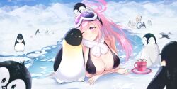 Rule 34 | 2girls, absurdres, animal, animal on head, bikini, bird, bird on head, black bikini, blue archive, blush, breasts, cleavage, closed mouth, cup, eimi (blue archive), eimi (swimsuit) (blue archive), food, glacier, goggles, goggles on head, halo, highres, himari (blue archive), hot chocolate, ice, jacket, large breasts, marshmallow, mug, multiple girls, official alternate costume, on head, outdoors, padded jacket, partially submerged, penguin, pink eyes, pink hair, pink halo, powered wheelchair, print mug, punimon (user ymmd3824), purple eyes, scarf, ski goggles, sky, smile, snow, snow duck, swimsuit, water, wheelchair, white scarf