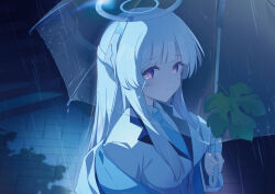 Rule 34 | 1girl, blazer, blue archive, blue necktie, commentary, english commentary, halo, highres, holding, holding umbrella, jacket, long hair, looking at viewer, necktie, noa (blue archive), purple eyes, rain, shirt, solo, umbrella, upper body, white hair, white shirt, yuan (ziranran)