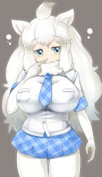 Rule 34 | 1girl, :o, ahoge, blue eyes, blue necktie, blue skirt, blush, breasts, buttons, commentary request, cowboy shot, elbow gloves, expressionless, gloves, grey background, highres, huge breasts, kemono friends, lets0020, lion, lion girl, long hair, looking at viewer, medium bangs, necktie, open mouth, pantyhose, plaid, plaid necktie, plaid skirt, pleated skirt, shirt, simple background, skirt, solo, white gloves, white hair, white lion (kemono friends), white pantyhose, white shirt