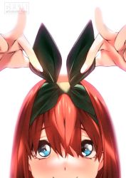 Rule 34 | 1girl, arms up, blue eyes, bow, bow hairband, closed mouth, go-toubun no hanayome, green bow, green hairband, hair between eyes, hair bow, hairband, head out of frame, nakano yotsuba, red hair, sakieda yoyu, simple background, smile, solo, watermark, white background