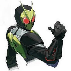 Rule 34 | 1boy, absurdres, armor, black gloves, bug, commentary, gloves, grasshopper, green armor, highres, insect, kamen rider, kamen rider 01 (series), kamen rider zero-one, male focus, mawmaoou, pointing, pointing at self, red eyes, rising hopper, simple background, solo, thumbs up, tokusatsu, upper body, white background