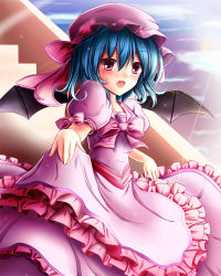 Rule 34 | 1girl, blue hair, blush, female focus, highres, open mouth, remilia scarlet, short hair, smile, solo, touhou, wings, yuzin