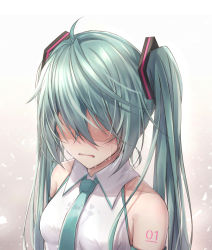Rule 34 | 1girl, ahoge, akira (been0328), bad id, bad pixiv id, bare shoulders, breasts, collarbone, collared shirt, commentary request, crying, detached sleeves, faceless, faceless female, facing viewer, green hair, green necktie, hair ornament, hatsune miku, long hair, necktie, parted lips, shaded face, shirt, sleeveless, sleeveless shirt, small breasts, solo, tears, twintails, vocaloid, wet, wet clothes, wet shirt, white shirt