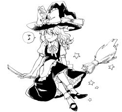 Rule 34 | 1girl, apron, black dress, bow, braid, broom, broom riding, dress, frilled bow, frilled dress, frills, greyscale, hair bow, hat, hat bow, kirisame marisa, looking to the side, monochrome, musical note, natsume (menthol), puffy short sleeves, puffy sleeves, shoes, short sleeves, side braid, single braid, solo, star (symbol), touhou, transparent background, waist apron, white background, white bow, witch hat