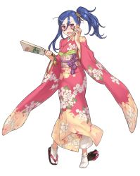 Rule 34 | 1girl, blonde hair, blush, facial mark, floral print, full body, highres, himeou to saigo no kishidan, holding, japanese clothes, kimono, long hair, long sleeves, official art, open mouth, purple eyes, robin (himeou to saigo no kishidan), sandals, unworn sandals, shoe-ji, side ponytail, simple background, solo, tabi, white background, wide sleeves