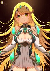 Rule 34 | 1girl, bare legs, bare shoulders, blonde hair, breasts, chest jewel, chinchongcha, cleavage, cleavage cutout, clothing cutout, dress, earrings, elbow gloves, gloves, highres, jewelry, large breasts, long hair, mythra (xenoblade), short dress, solo, swept bangs, tiara, very long hair, white dress, white gloves, xenoblade chronicles (series), xenoblade chronicles 2, yellow eyes