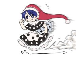 Rule 34 | :3, arm up, black capelet, blue eyes, blue hair, blush stickers, bseibutsu, capelet, doremy sweet, dress, flying sweatdrops, hat, holding, multicolored clothes, multicolored dress, nightcap, nightgown, pillow, pom pom (clothes), red hat, running, short hair, tail, tapir, tapir tail