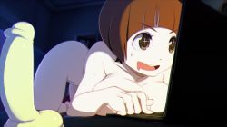 Rule 34 | + +, 10s, 1girl, :d, all fours, ass, bedroom, bent over, blunt bangs, bookshelf, breast press, breasts, brown eyes, brown hair, casual nudity, collarbone, computer, dark room, dildo, drooling, highres, indoors, kill la kill, laptop, large breasts, mankanshoku mako, nude, nude in front of computer, obj shep, on bed, open mouth, saliva, sex toy, short hair, smile, solo, sparkling eyes, sweatdrop
