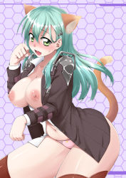 Rule 34 | 10s, 1girl, animal ears, aqua hair, blush, breasts, breasts out, cat ears, cat tail, curvy, green eyes, hair ornament, hairclip, jacket, kantai collection, large breasts, long hair, looking at viewer, mikagami sou, navel, nipples, open clothes, open jacket, open mouth, panties, school uniform, smile, solo, suzuya (kancolle), tail, thick thighs, thighhighs, thighs, tongue, underwear, wide hips