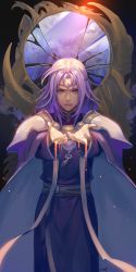 Rule 34 | 1boy, absurdres, armor, broken mirror, dress, father and son, fire emblem, fire emblem: the sacred stones, grey eyes, highres, long hair, looking at viewer, lyon (fire emblem), male focus, mirror, nintendo, nishiki areku, outstretched arms, pauldrons, purple dress, purple hair, shoulder armor, solo, standing