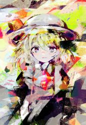 Rule 34 | 1girl, abstract, abstract background, blonde hair, blue eyes, blush, bow, colorful, dress, hat, hat ribbon, highres, kana anaberal, looking at viewer, ribbon, short hair, smile, solo, touhou, tsukamoto anabone, white hat