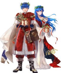 Rule 34 | 1boy, 1girl, alternate costume, bag, bell, black footwear, blue eyes, blue hair, boots, bow, box, brother and sister, cape, christmas, christmas ornaments, elice (fire emblem), elice (winter) (fire emblem), fingerless gloves, fire emblem, fire emblem: mystery of the emblem, fire emblem heroes, full body, fur trim, garland, gift, gloves, highres, leaf, long hair, marth (fire emblem), marth (winter) (fire emblem), matching hair/eyes, mayo (becky2006), nintendo, official art, open mouth, ribbon, satchel, short hair, siblings, smile, standing, teeth, tiara, transparent background