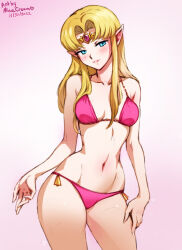 Rule 34 | 1girl, alternate costume, aqua eyes, artist name, bare shoulders, bikini, blush, breasts, circlet, collarbone, commentary, cowboy shot, dated, english commentary, gradient background, grin, head tilt, jewelry, lips, looking at viewer, medium breasts, mina cream, navel, nintendo, parted bangs, parted lips, pink background, pink bikini, pink lips, pointy ears, princess zelda, smile, solo, super smash bros., swimsuit, the legend of zelda, the legend of zelda: a link between worlds, thighs