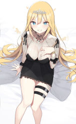 Rule 34 | 1girl, absurdres, arm support, black dress, blonde hair, blue eyes, breasts, cloba, dress, highres, hololive, hololive english, leg belt, legs, long hair, looking at viewer, medium breasts, sitting, smile, solo, thighs, tiara, virtual youtuber, watch, watson amelia, watson amelia (party dress)