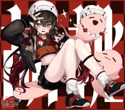 Rule 34 | 1girl, absurdres, black footwear, black hair, black jacket, black nails, black skirt, boo tao (genshin impact), breasts, bright pupils, flower-shaped pupils, full body, genshin impact, ghost, gmpoo93, hand up, hat, highres, hu tao (galaxy store) (genshin impact), hu tao (genshin impact), jacket, jewelry, knee strap, knit hat, long hair, long sleeves, low twintails, multiple rings, official alternate costume, open clothes, open jacket, parted lips, red eyes, ring, shoes, sitting, skirt, small breasts, socks, solo, symbol-shaped pupils, thighs, twintails, white hat, white pupils, white socks