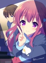 Rule 34 | 1boy, 1girl, :t, black sweater, blue eyes, blush, cheek press, closed mouth, commentary, frown, fuyuichi monme, girlish number, hair between eyes, hand up, karasuma chitose (girlish number), karasuma gojou, long hair, long sleeves, looking at another, looking at viewer, purple eyes, red hair, sidelocks, sitting, smile, solo focus, standing, straight-on, sweater, twitter username, v, viewfinder